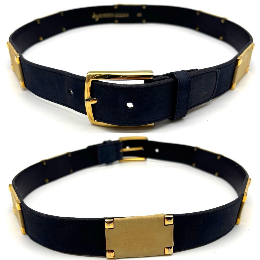 1980s Roberto Bellido Navy & Cream Genuine Leather Gold Studs Waist Belt 29-31"